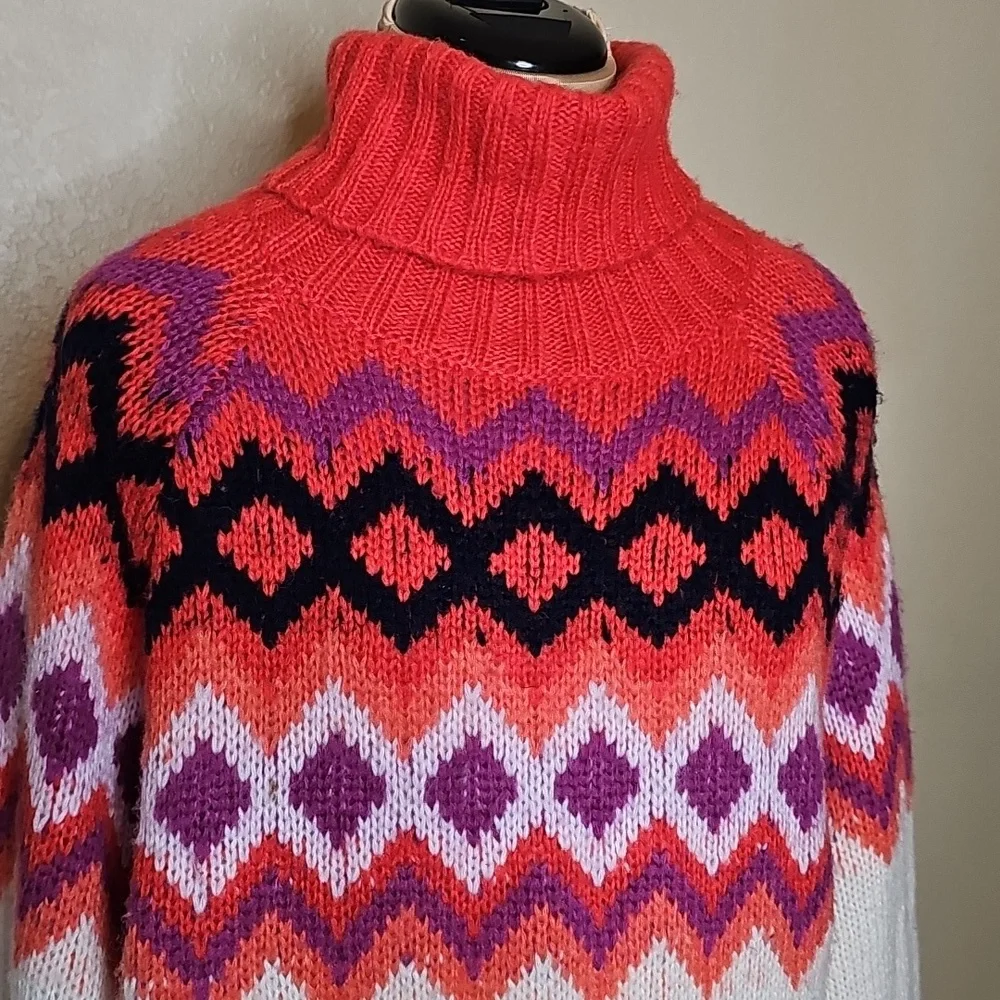Aerie Vibrant Coral Fairisle‎ Patterned Oversized Turtleneck Sweater Large